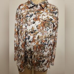 MERIGOLD KISS Button Up Long Sleeve Aztec Farm Rodeo Western Horse Print
